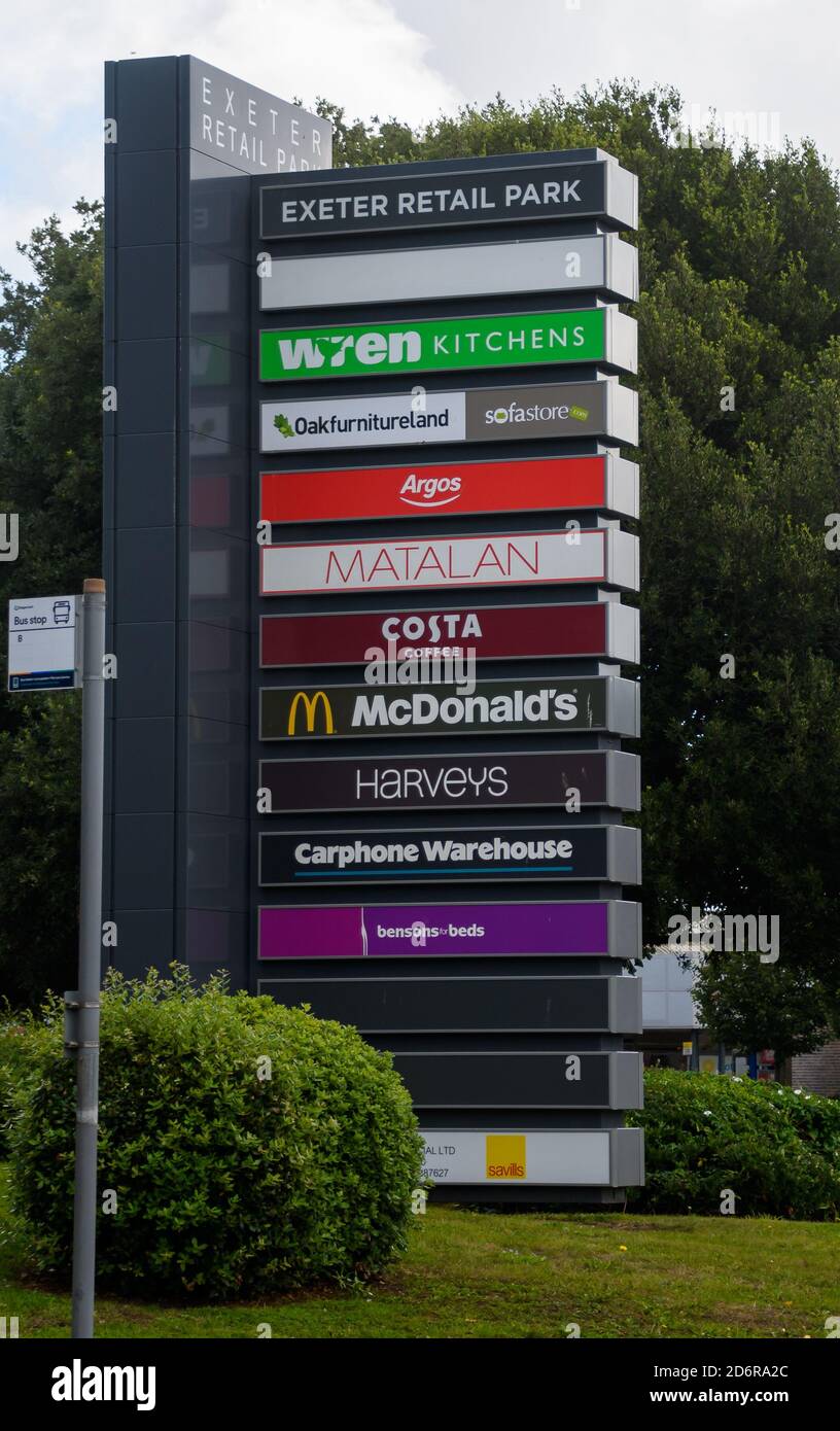 Exeter, United Kingdom - August 20 2020:  Sign listing the stores in Exeter Retail Park on Alphington Road Stock Photo