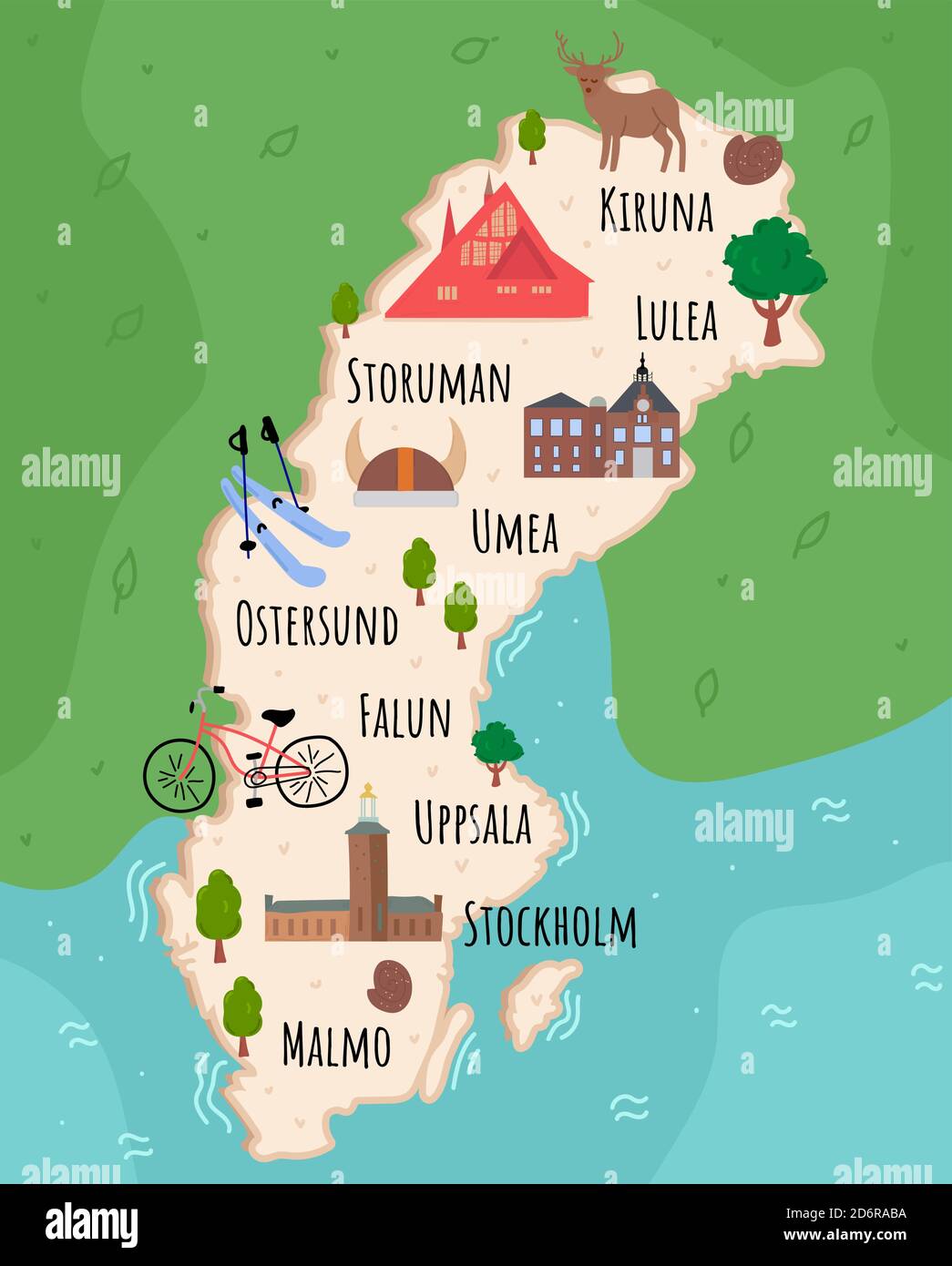 Stylized map of Sweden. Cartoon map with travel illustration. Famous landmarks, buildings, food and plants. Funny tourist infographics. National Stock Vector