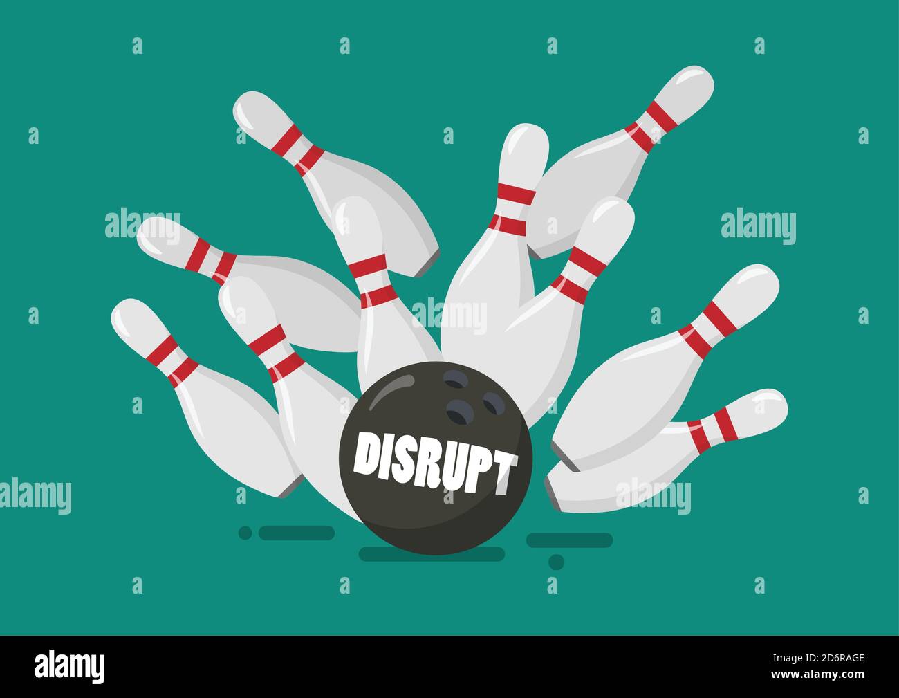 Disrupt bowling ball breaks bowling pins. Business disruption concept. Vector illustration Stock Vector