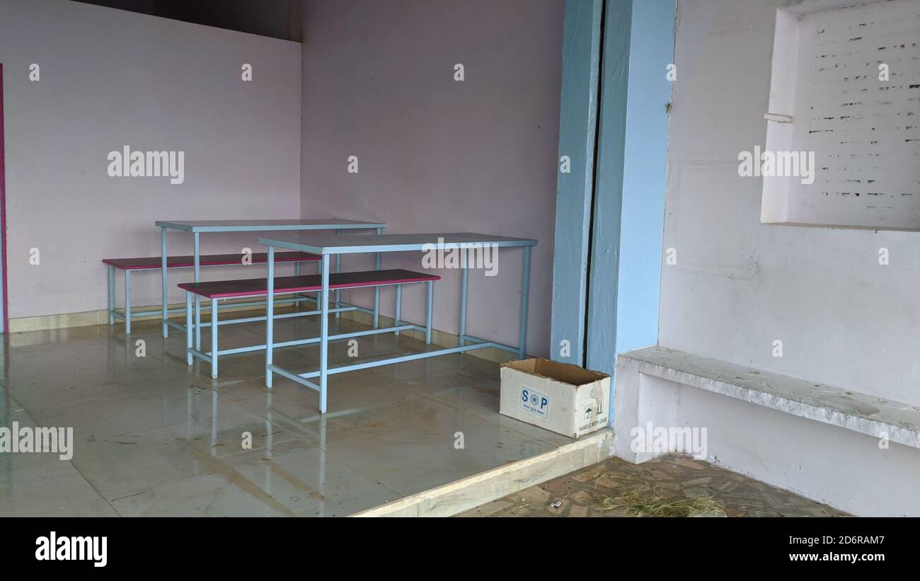 17 October 2020 : Reengus, Jaipur, India / Dining-room interior. Real photo of four chairs and tables Stock Photo