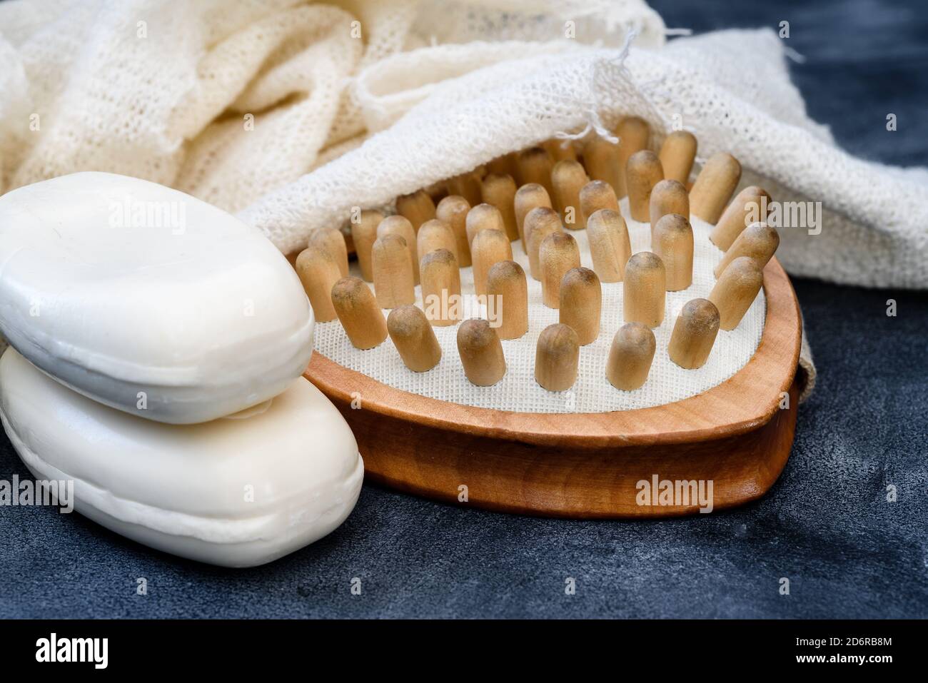 Toilet soap, brush and Terry cloth - bath accessories Stock Photo