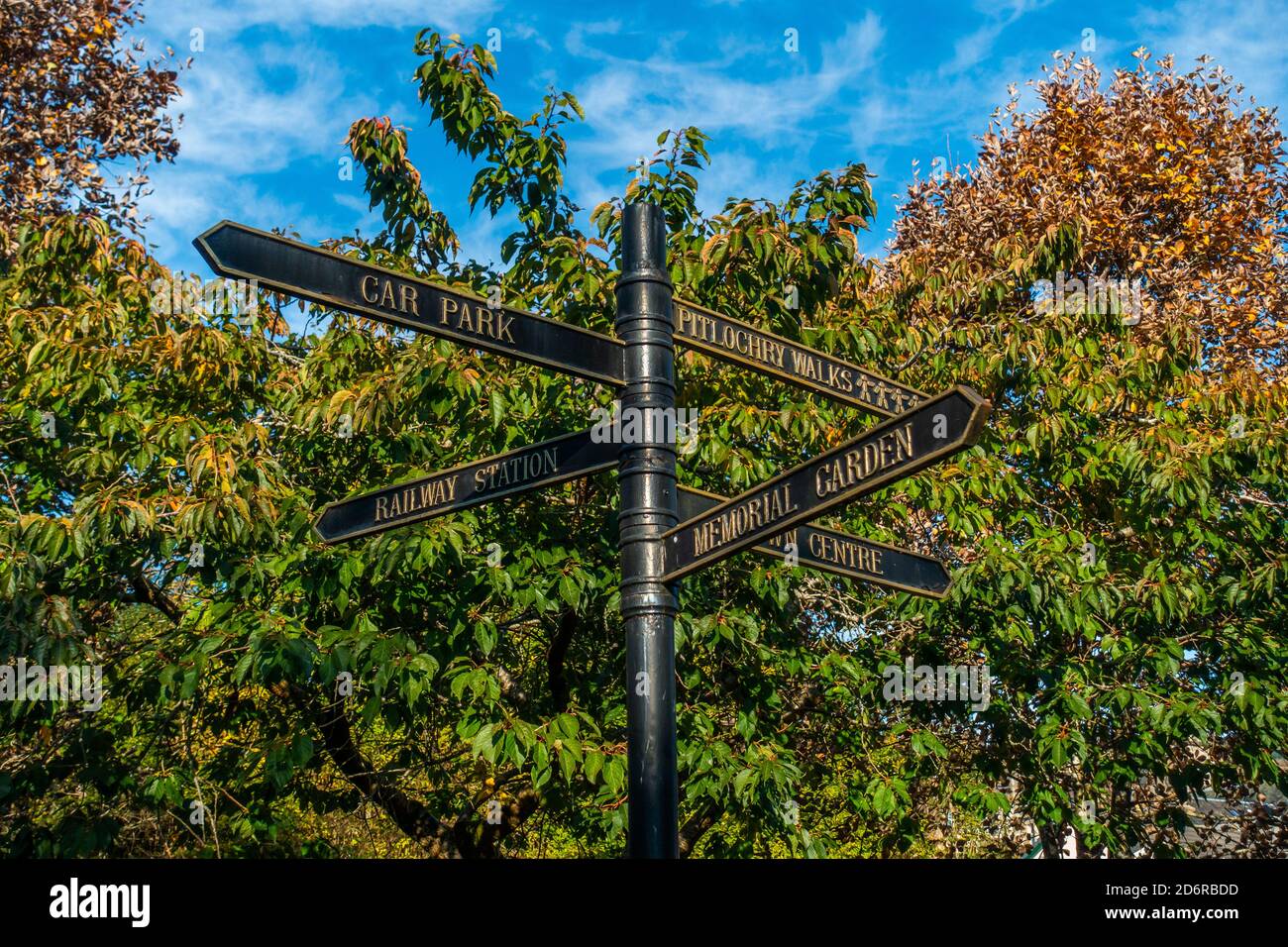 Signs showing attractions and amenities in the town of Pitlochry, Perthshire, Scotland, UK Stock Photo