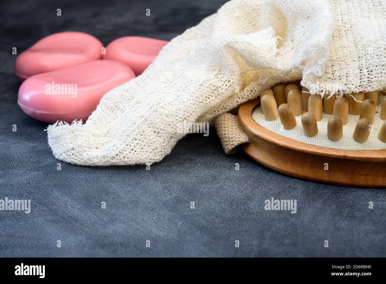 Toilet soap, brush and Terry cloth - bath accessories Stock Photo