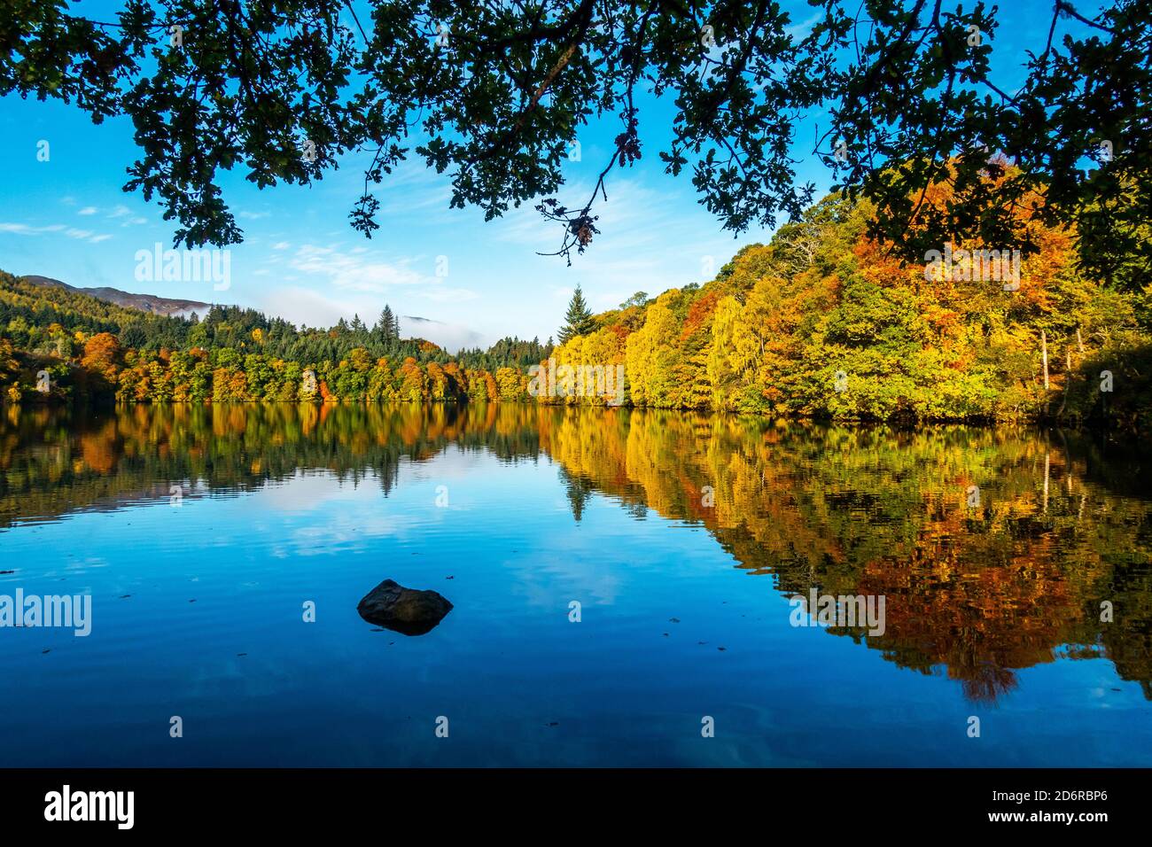 River Tummel trees with stunning autumnal colours in the town of Pitlochry, Perthshire, Scotland, UK Stock Photo