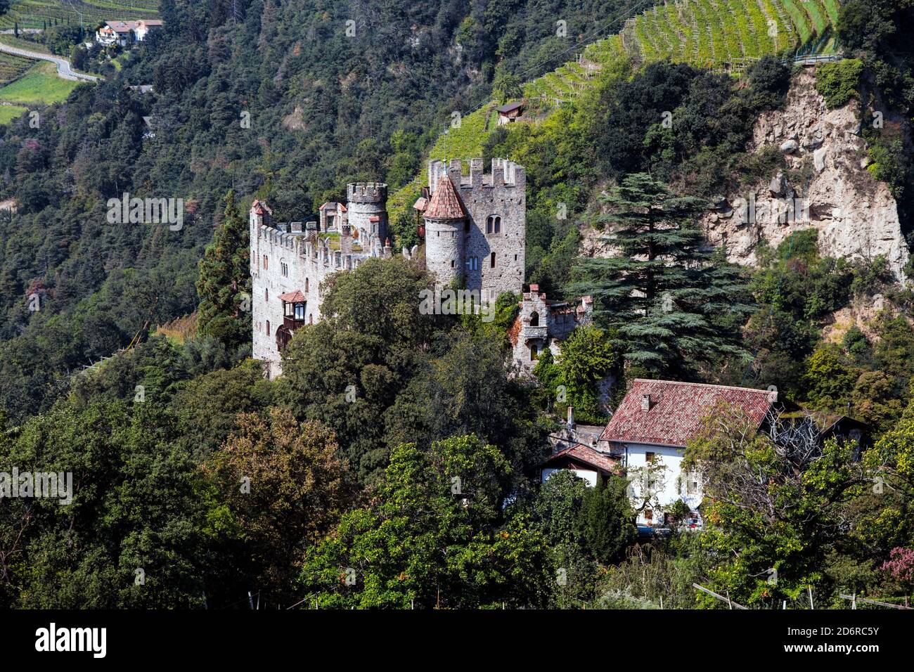 The Brunnenburg castle in the town of Tirolo, Bolzano province, Italy. Stock Photo