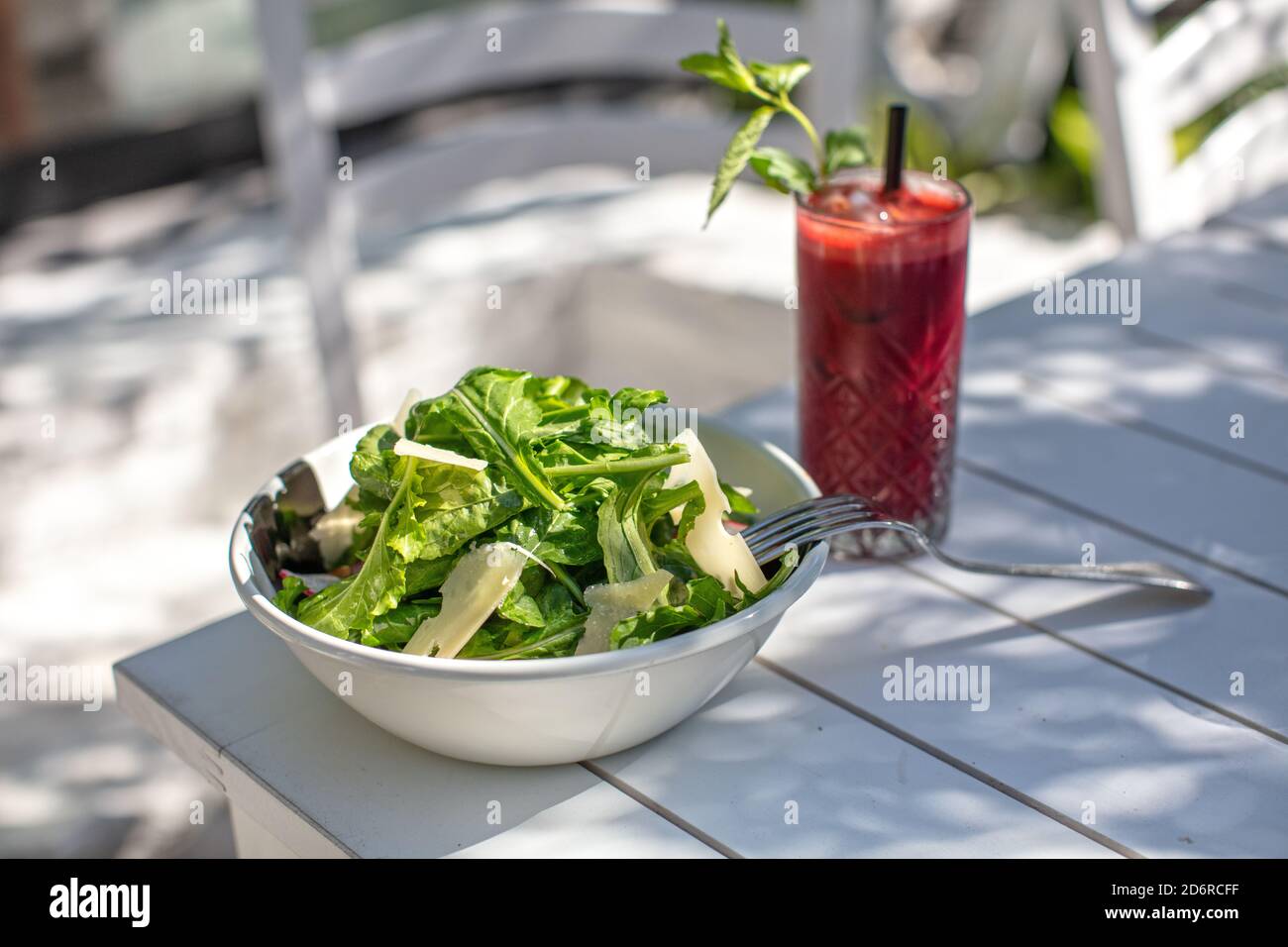 Fresh Green Salad with Cheese at Garden Stock Photo