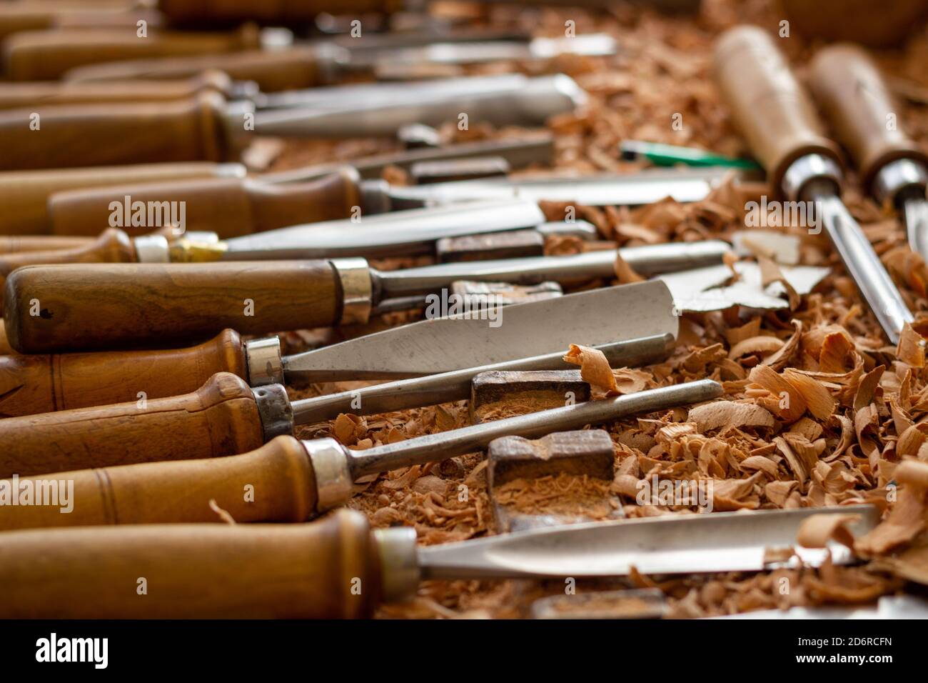 Carpenter wood carving equipment. Woodworking, craftsmanship and handwork concept Stock Photo