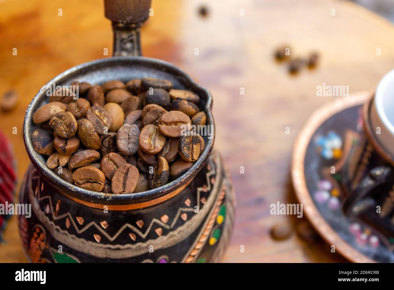 Coffee beans in a coffee pot. Turkish coffee concept Stock Photo