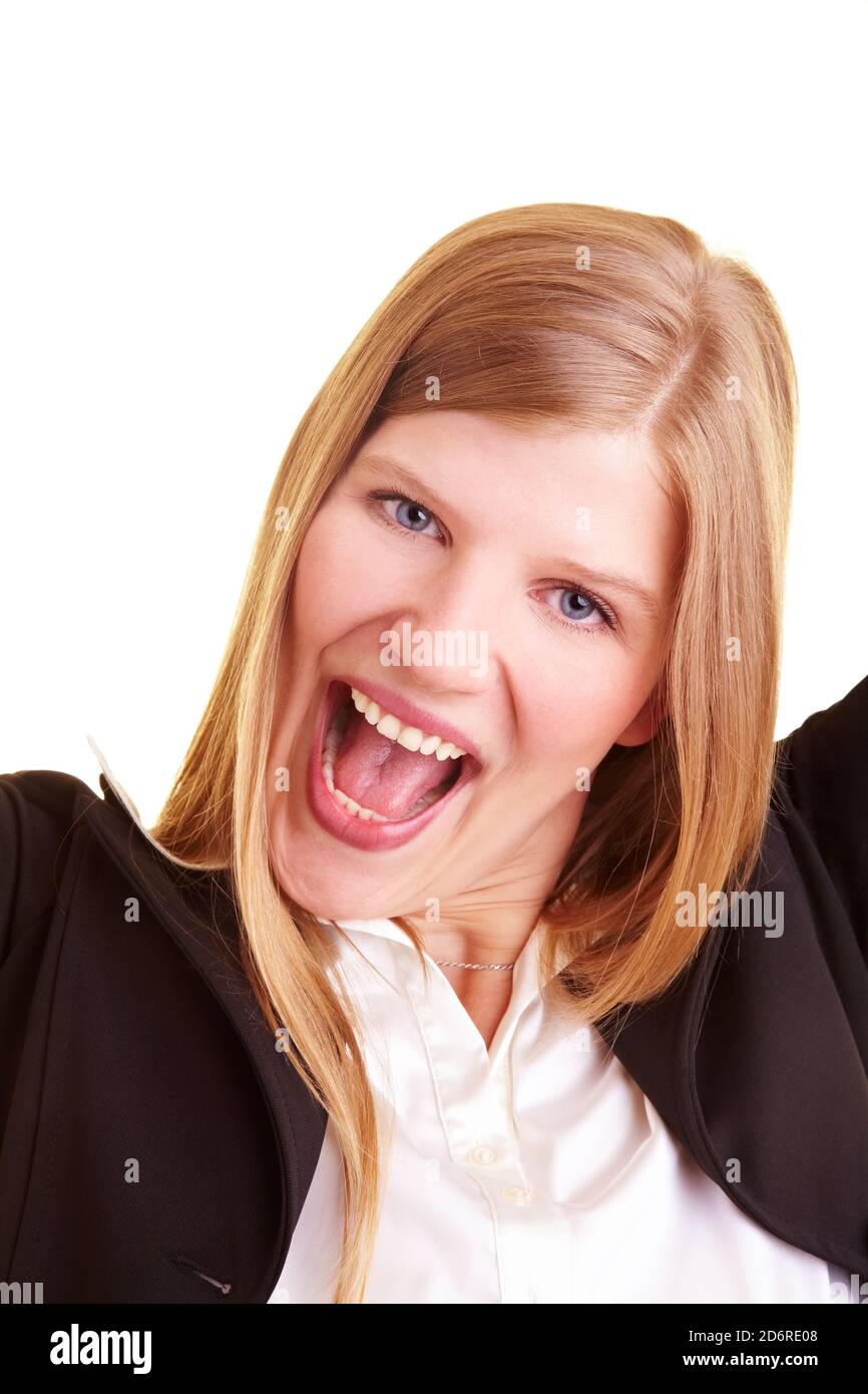 Blonde businesswoman cheers Stock Photo