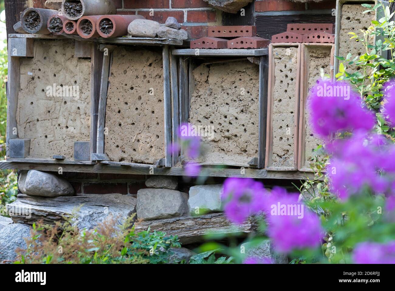 selfmade insect hotel for wild bees mede with clay, Germany Stock Photo