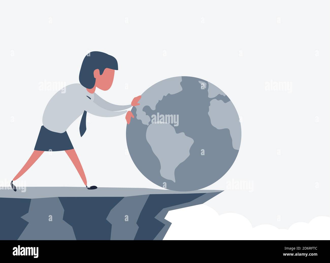 Businesswoman pushing planet Earth off the cliff. Woman pushes the planet earth. Shades of gray. Stock Vector