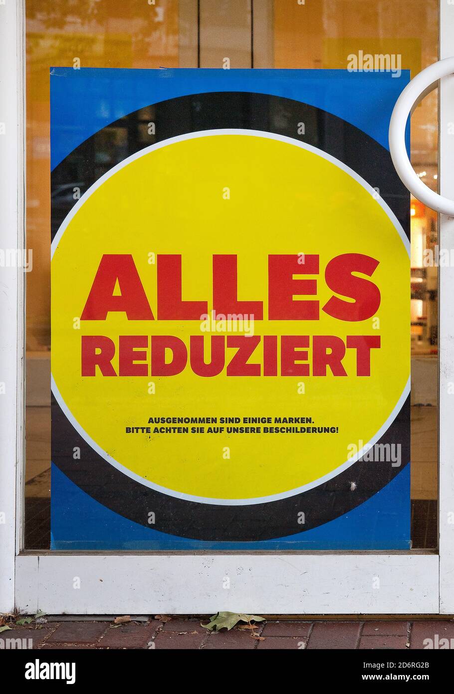poster lettering 'everything reduced' in a display window, Germany, North Rhine-Westphalia, Ruhr Area, Witten Stock Photo