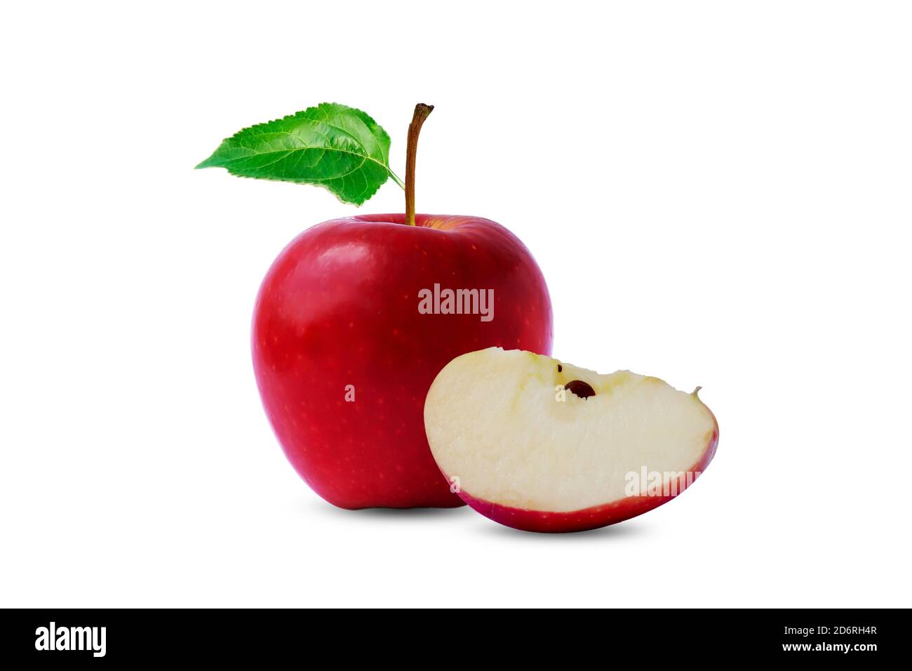 Red apples and green leaves isolated on a white background with the clipping path. Stock Photo