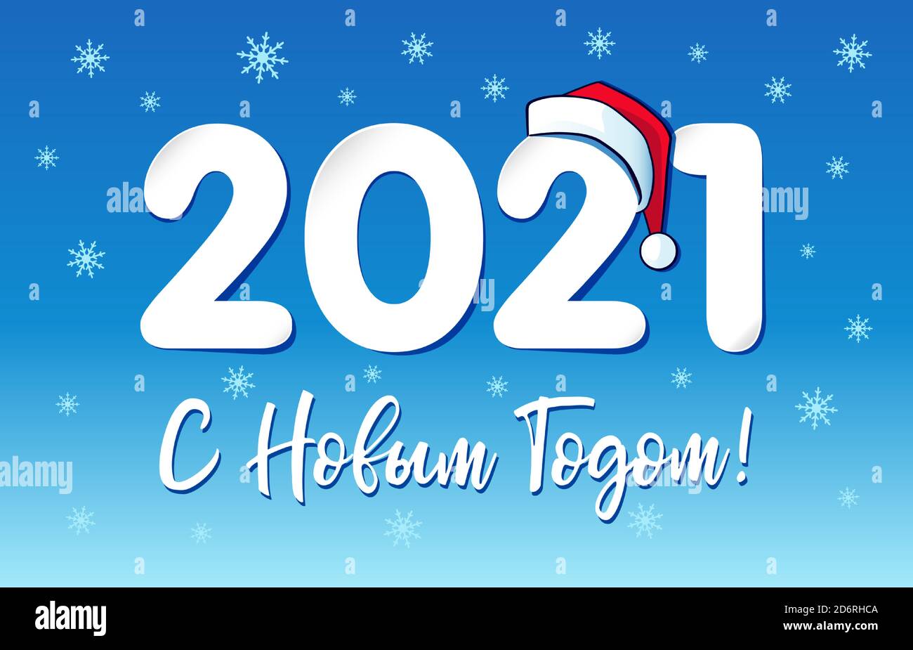 2021 paper numbers, Happy New Year Russian text and Santa Claus red hat. Christmas holiday background with 20 21 in red hat and snowflake vector Stock Vector