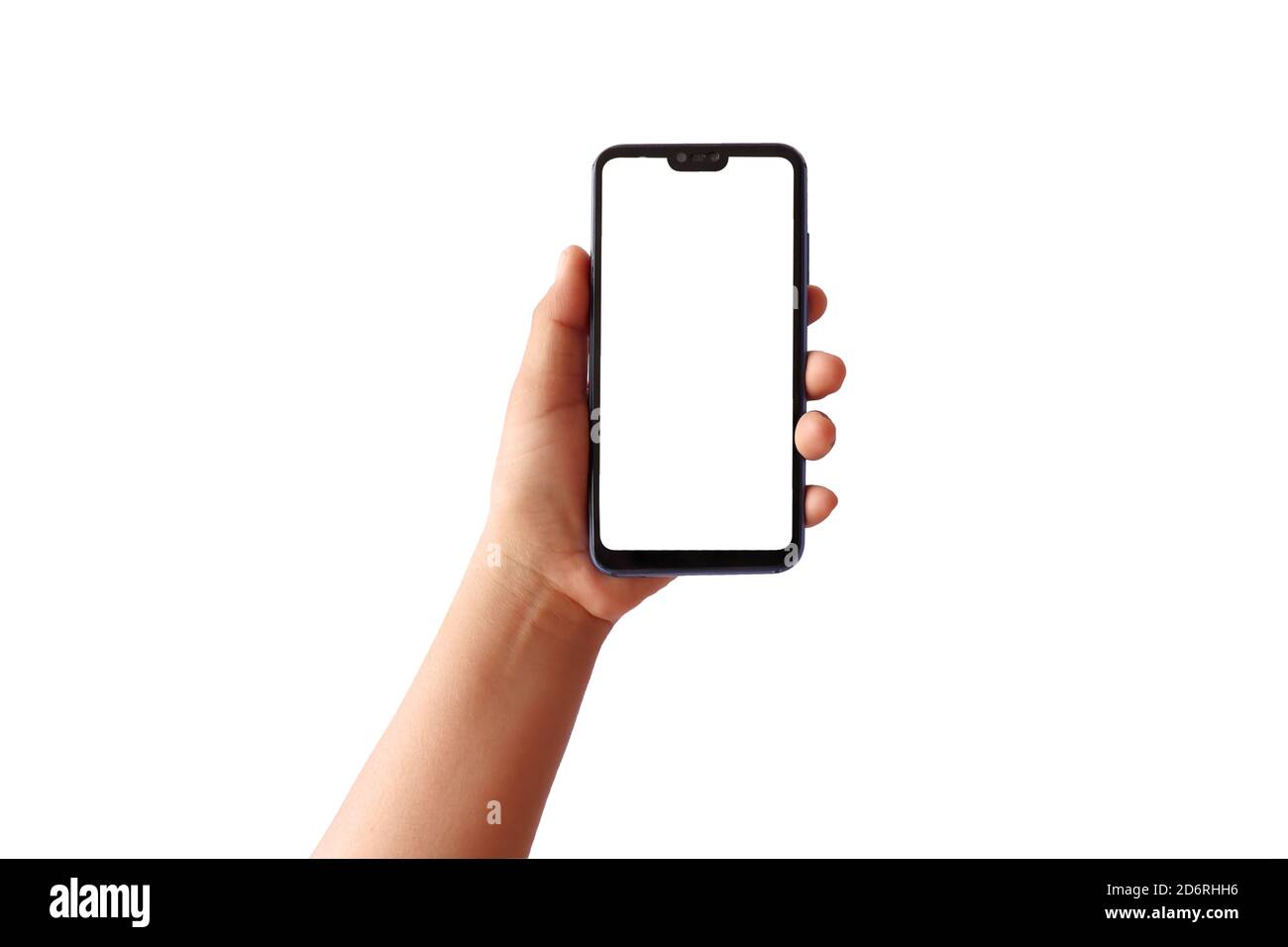 The hand is holding the white screen, the mobile phone is isolated on a white background with the clipping path. Stock Photo