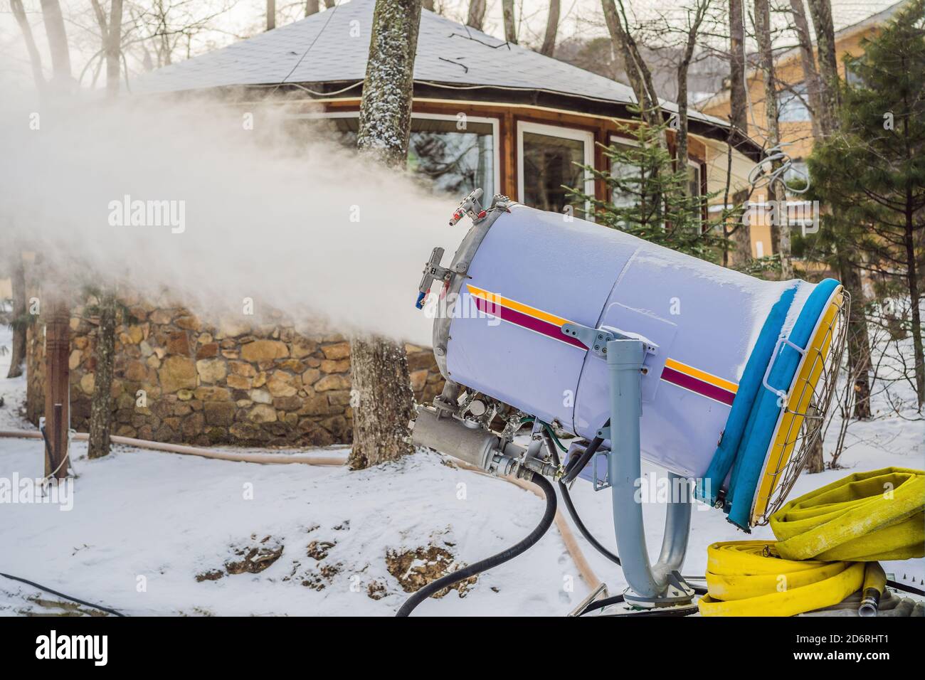 Snowmaking or cannon at the park. Snow machine produce snow for ski