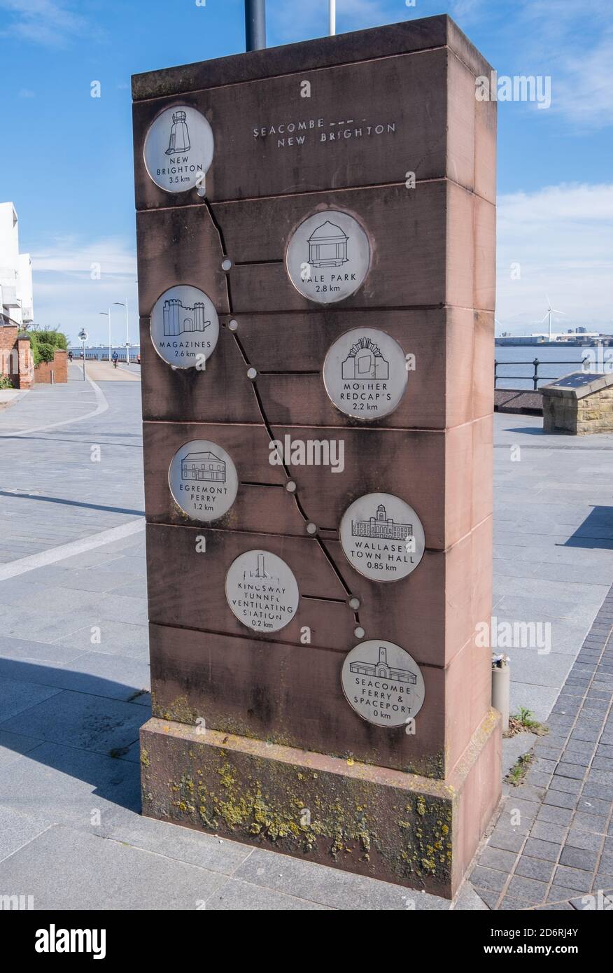 Marker post on Seacombe to New Brighton coastal path in Seacombe Wirral July 2020 Stock Photo