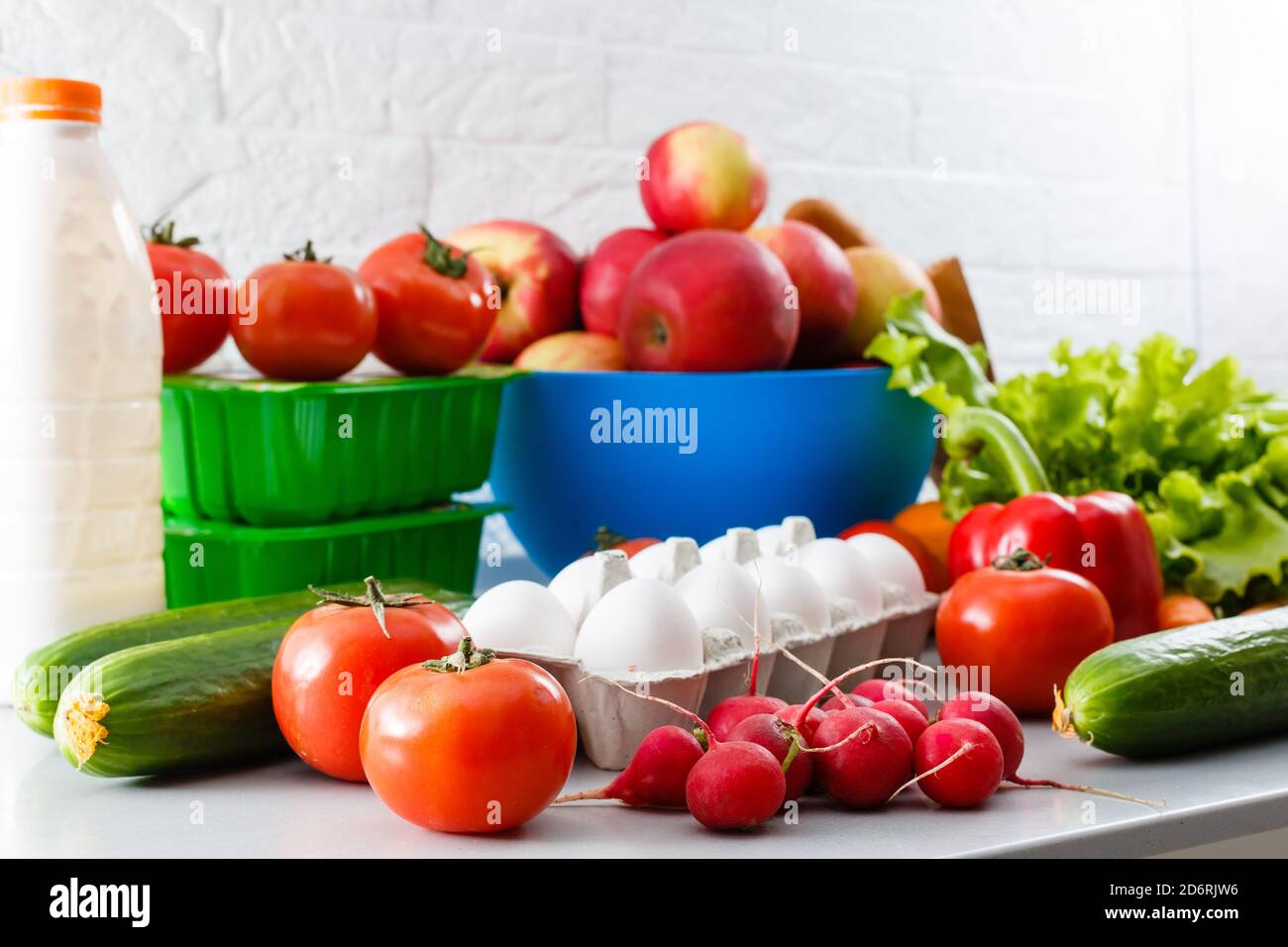 healthy food background, vegetables, fruits, eggs and dairy products on