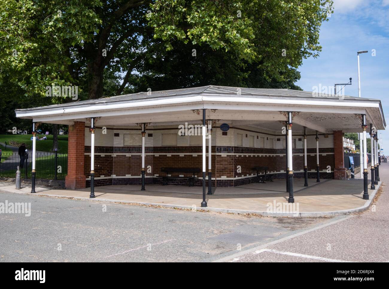Promenade shelter with benches by Vale Park Wallasey Wirral July 2020 Stock Photo
