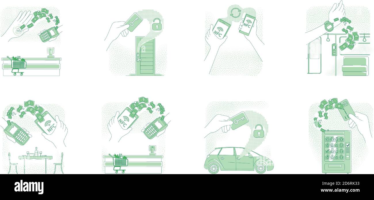 NFC tech, smart devices thin line concept vector illustrations set Stock Vector
