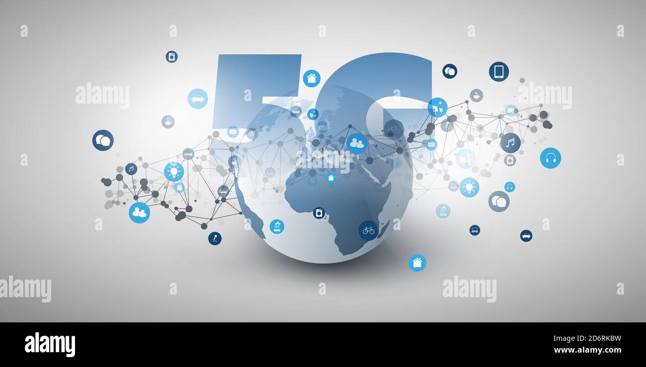 5G Network Label in front of Earth Globe High Speed, Broadband Mobile