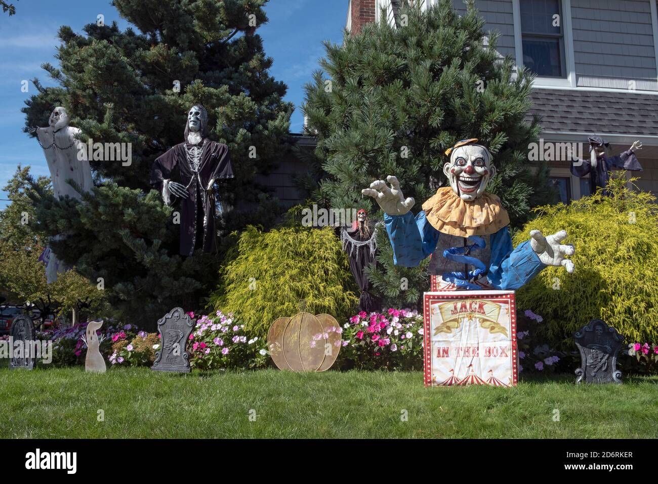 Elaborate Halloween decorations on the lawn of a private home in