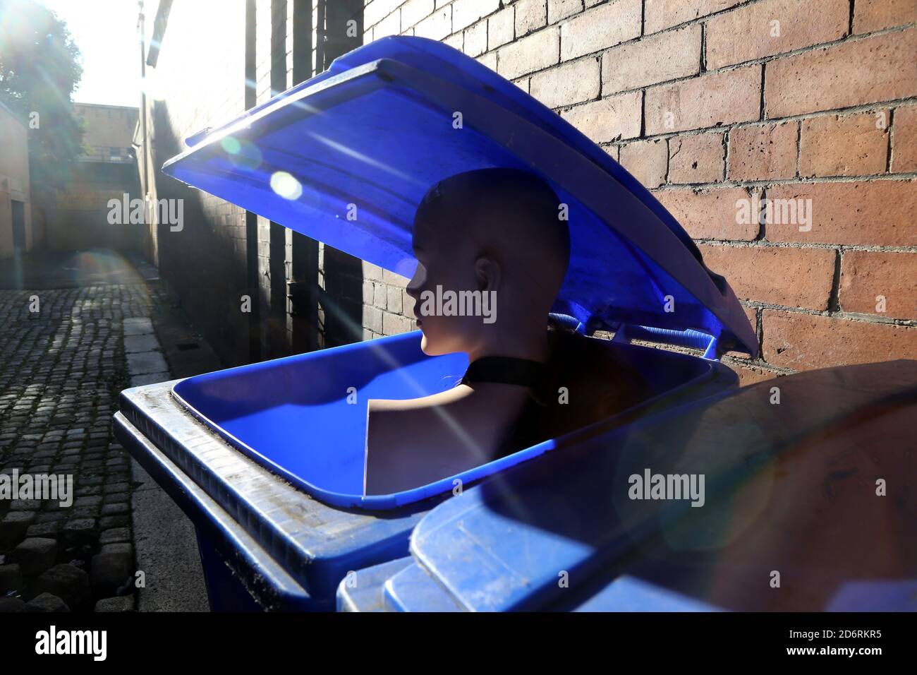 A female manikin sometimes called a mannequin head pops out from inside