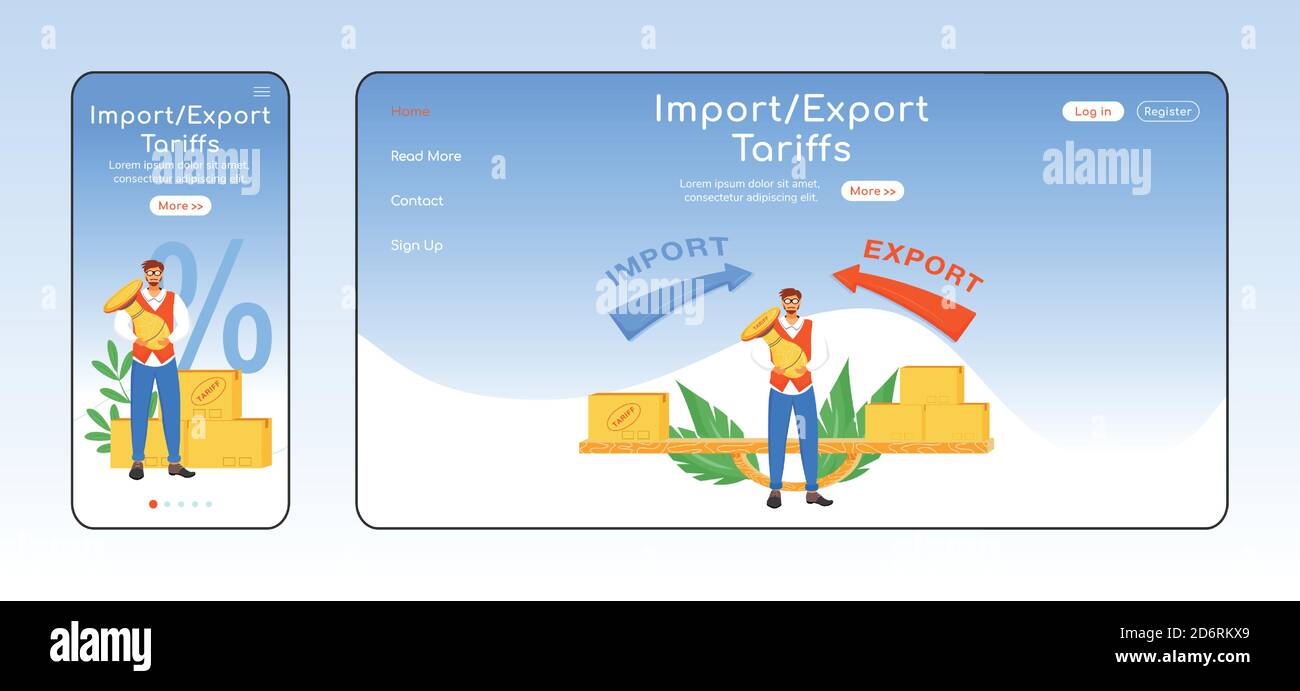 Import and export tariffs adaptive landing page flat color vector template Stock Vector