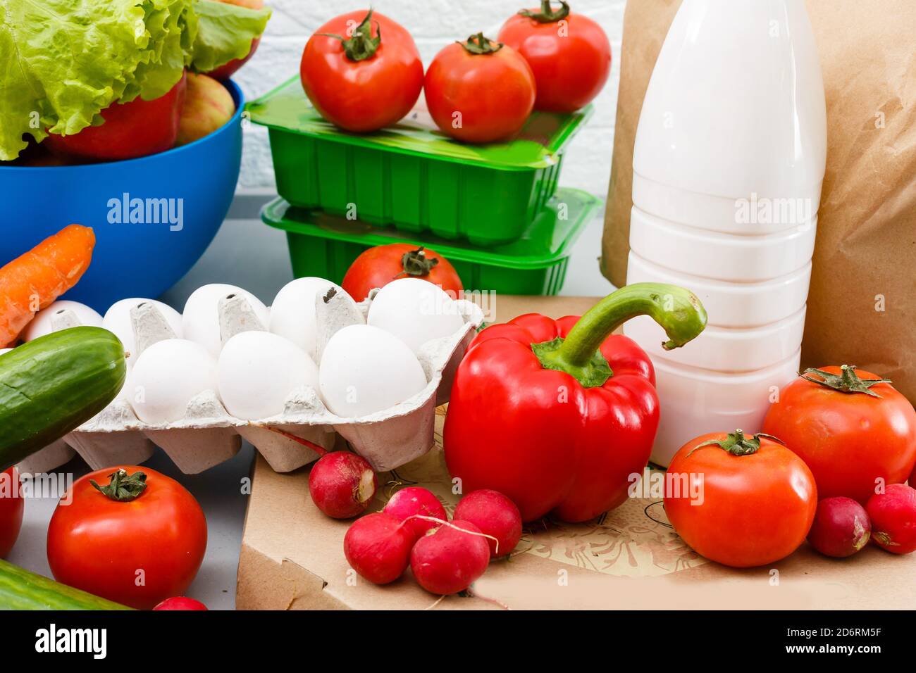 healthy food background, vegetables, fruits, eggs and dairy products on