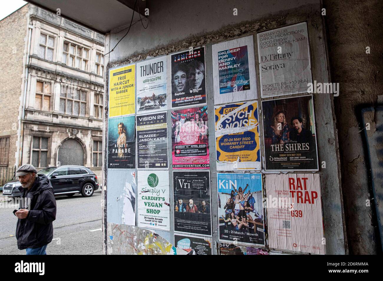 Cardiff, Wales, UK. 19th Oct, 2020. Posters in Cardiff Bay advertising events in March, April and May 2020 as a national two-week ‘fire-break' lockdown to slow the spread of coronavirus in Wales is announced by First Minister of Wales Mark Drakeford, starting at 1800 on Friday 23rd October. Credit: Mark Hawkins/Alamy Live News Stock Photo