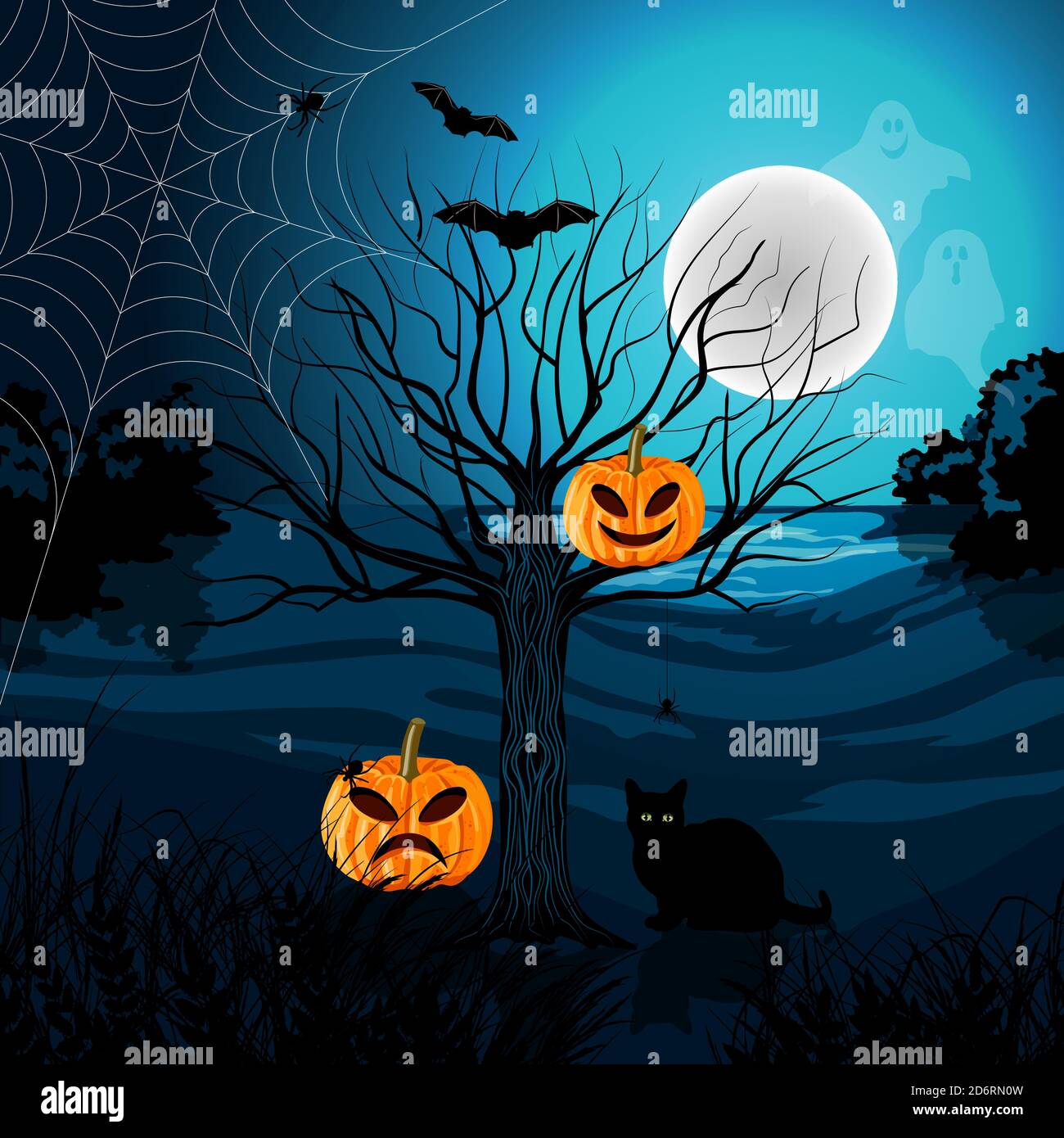 Happy Halloween vector illustration with black cat, tree, pumpkins and ...