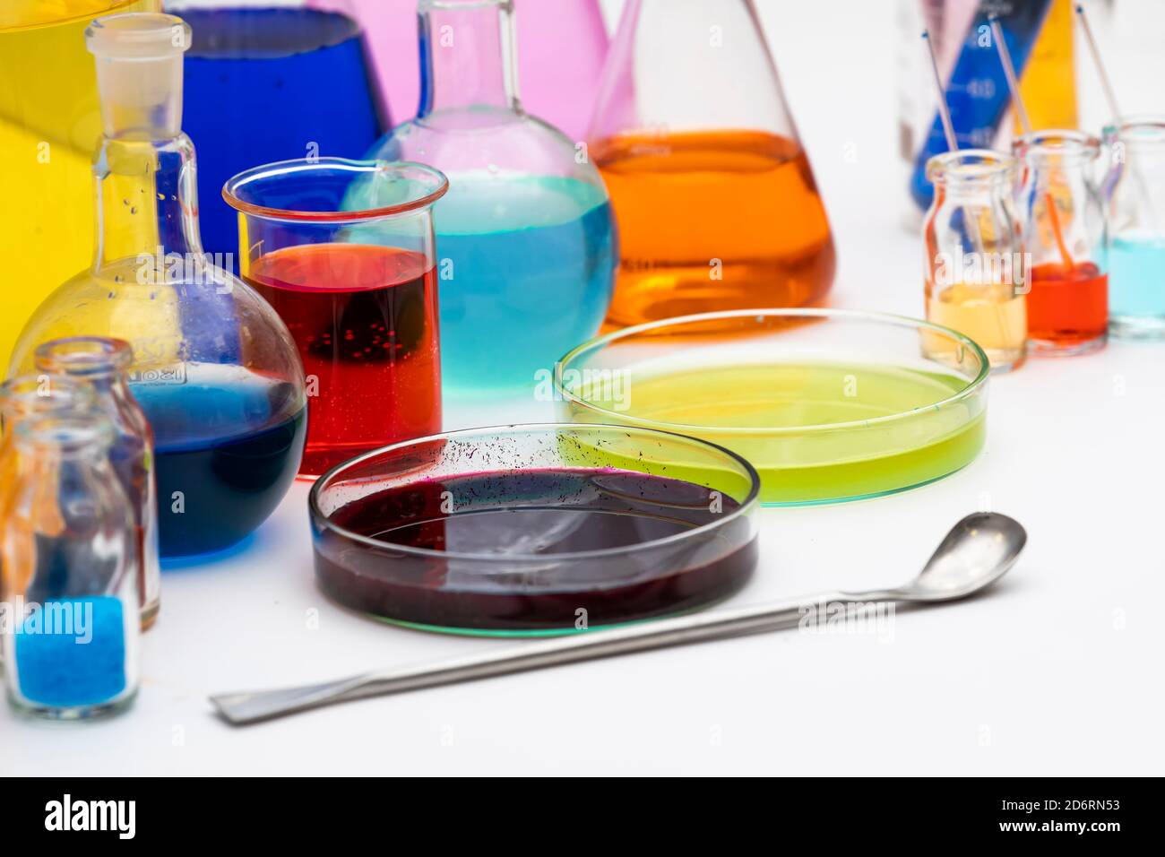 Laboratory equipment. Glass tubes, flask, erlenmeyer, beaker, petri dish, balloon and other chemical and medicine lab measuring equipment. Testing equ Stock Photo