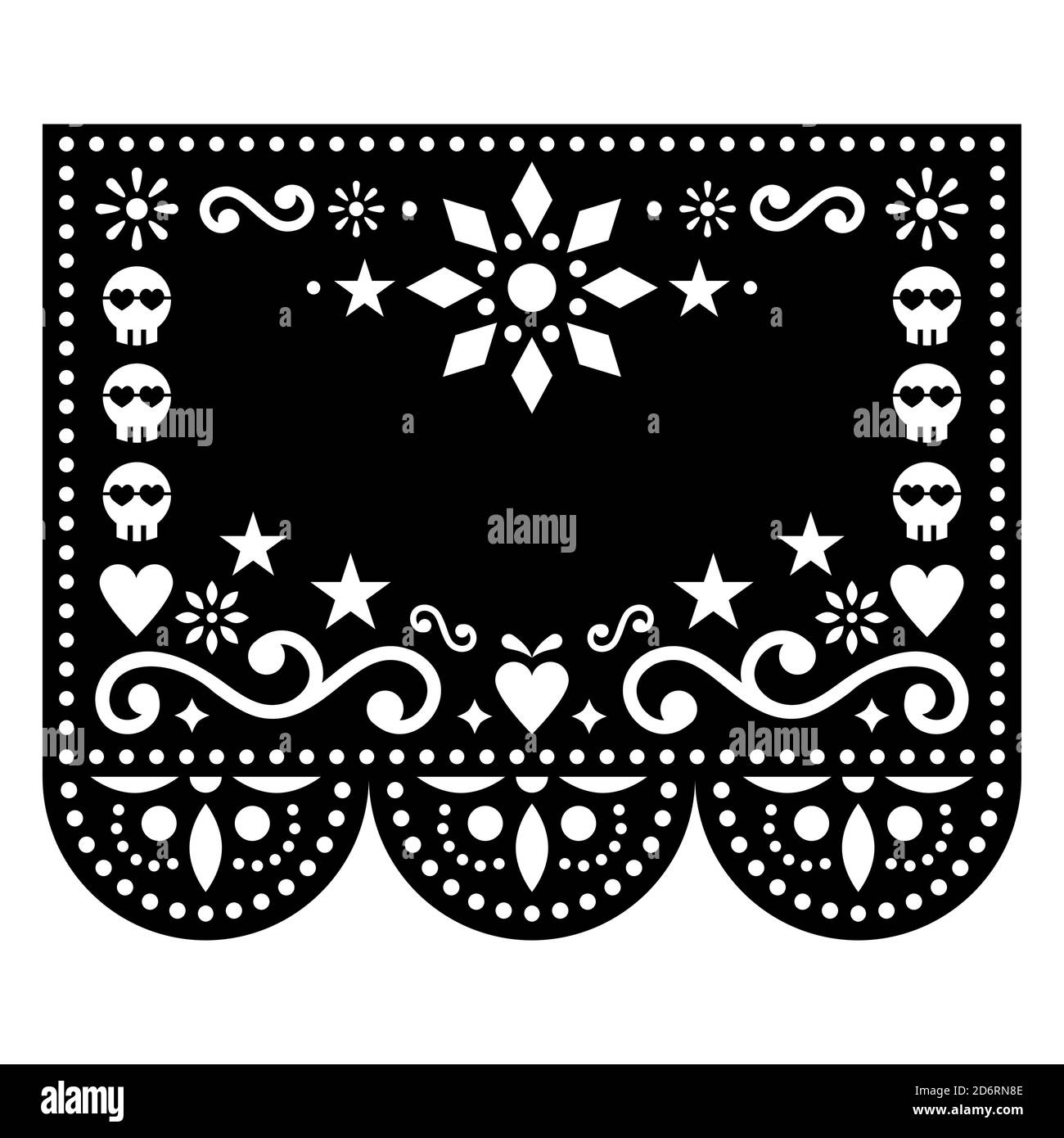 Halloween and Day of the Dead Papel Picado vector design with skulls and flowers, Mexican paper cut out pattern - Dia de Los Muertos celebration Stock Vector