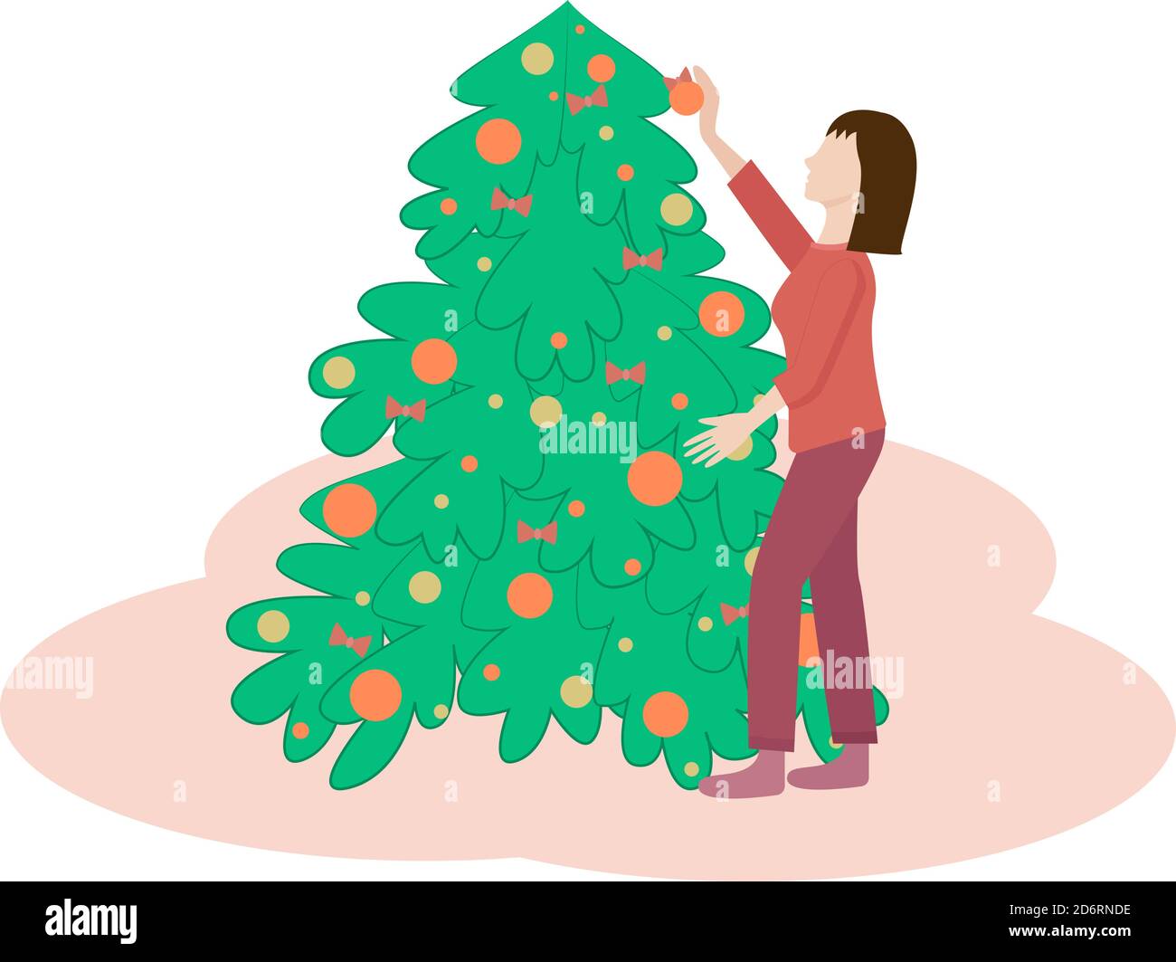 The Girl Decorates The Christmas Tree Vector Christmas Eve Stock