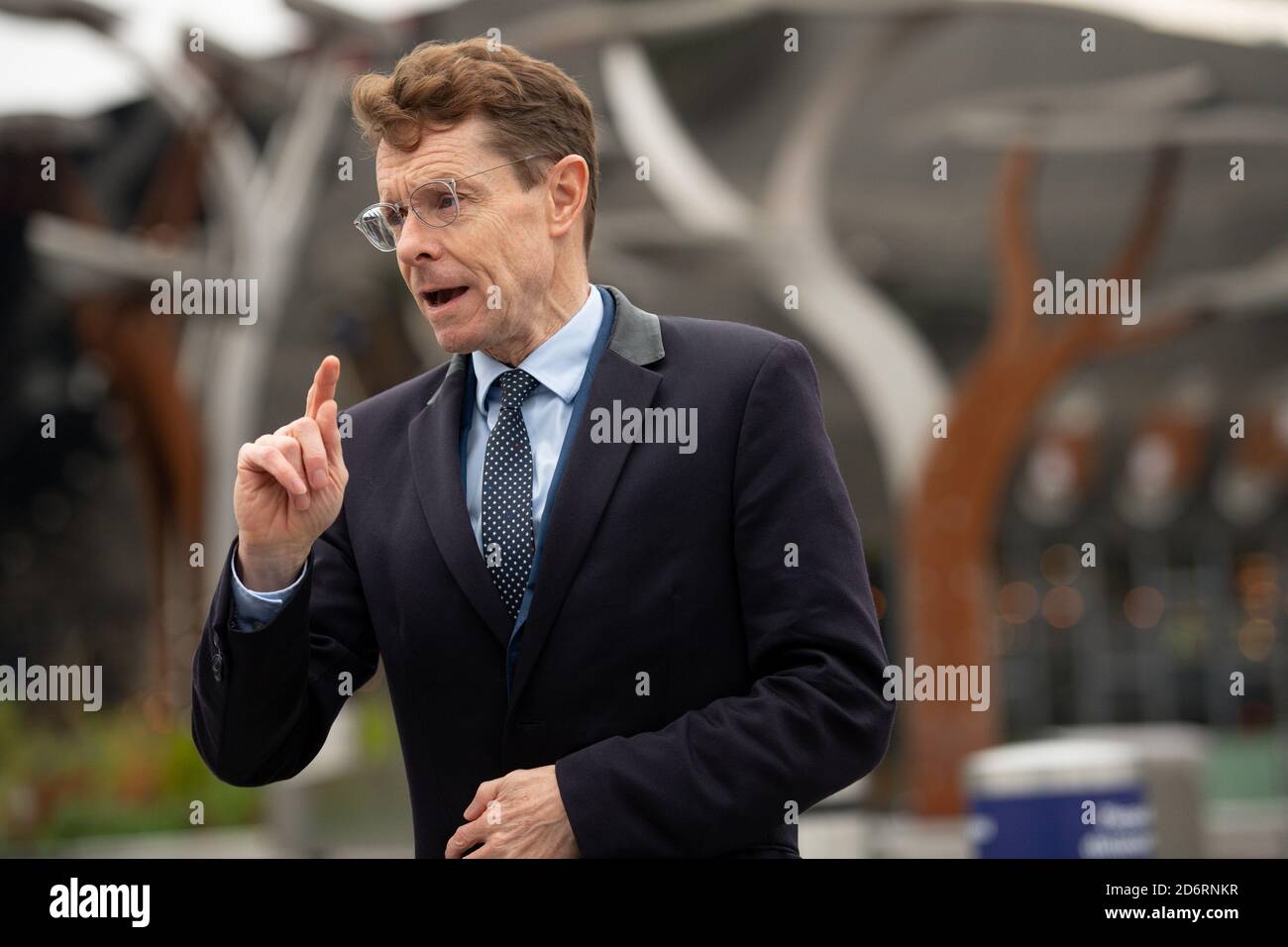West Midlands Mayor Andy Street speaks to media outside New Street Station in Birmingham, following the news that Home Secretary Priti Patel has agreed to look into calls for a public inquiry into the 1974 Birmingham pub bombings. Stock Photo