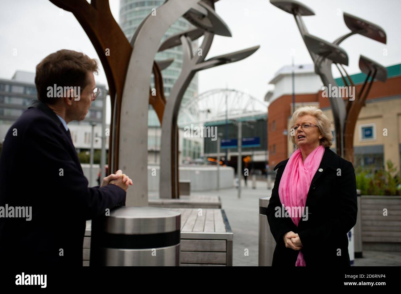 West Midlands Mayor Andy Street and Julie Hambleton, who lost her sister Maxine Hambleton in the 1974 attack, by the Birmingham pub bombings memorial, following the news that Home Secretary Priti Patel has agreed to look into calls for a public inquiry into the 1974 Birmingham pub bombings. Stock Photo