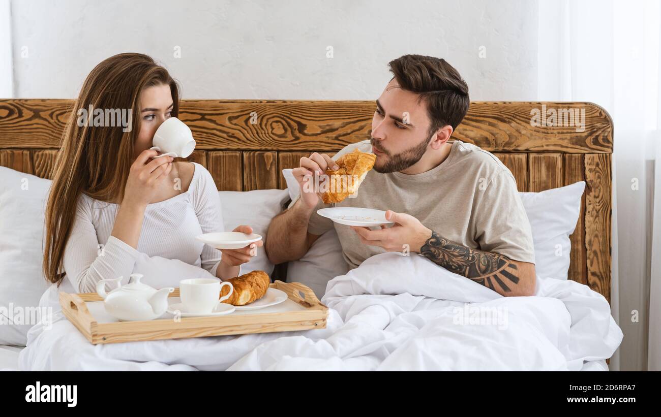 Free time, quarantine and romantic breakfast in bed Stock Photo