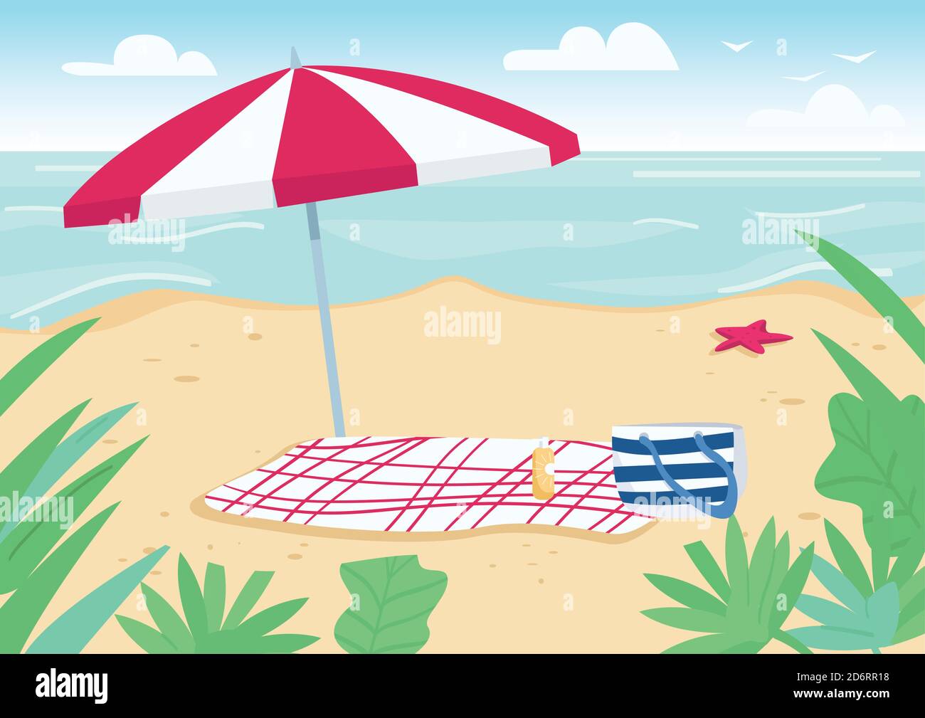 Blanket and sun umbrella on sand beach flat color vector illustration ...