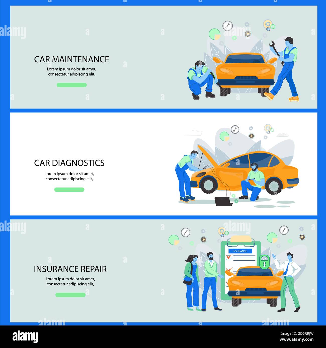 Flat horizontal banners for car repair service flat vector illustration