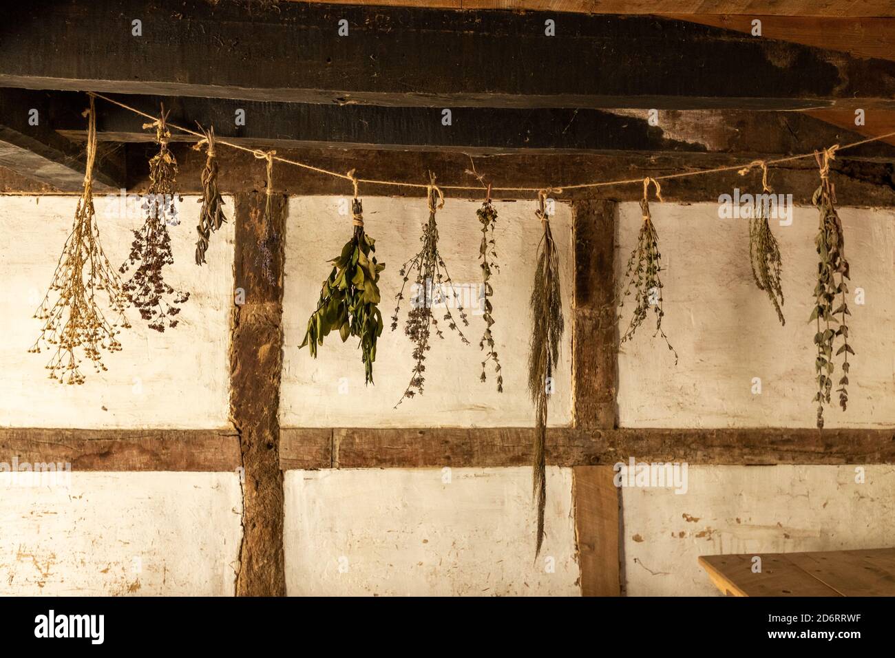 Bunches of herbs, plants, flowers hanging up to dry inside a timber
