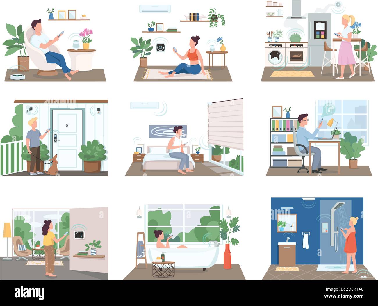 People in smart homes flat color vector faceless characters set Stock Vector
