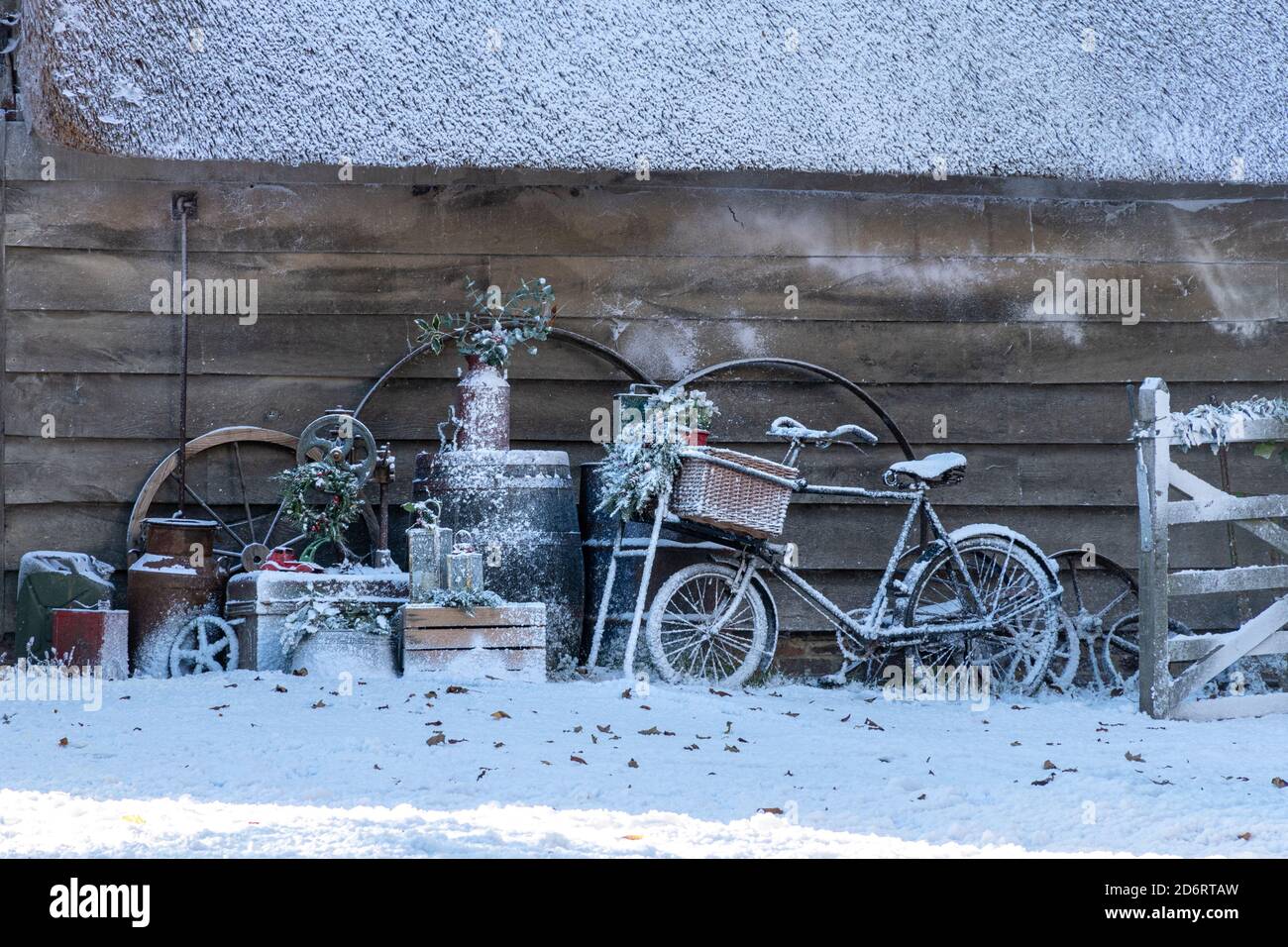 Filming a Christmas episode of BBC television series The Repair Shop in West Sussex, UK, with fake snow covering the scene Stock Photo