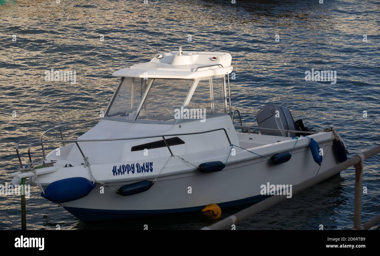 Small Boat Named Happy Days In Portreath Harbour Cornwall Uk Stock Photo Alamy
