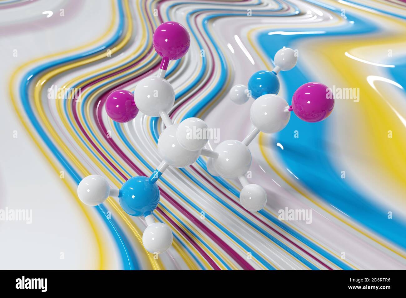 Asparagine (L-asparagine, Asn, N) amino acid molecule. 3D rendering. Ball and stick molecular model shown floating just above a liquid paint surface. Stock Photo