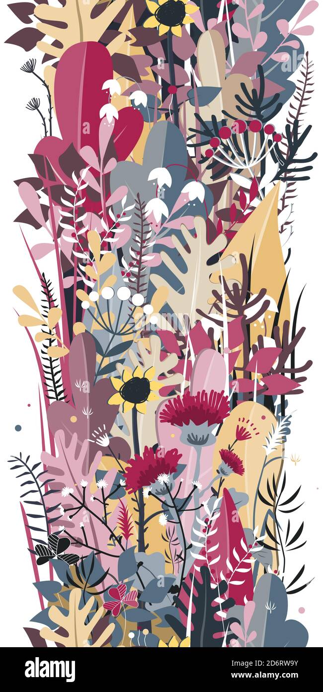Vertical seamless background of stylized autumn flowers, leaves and trees for greeting cards, textile, or banners. Doodle Meadow or forest border Stock Vector