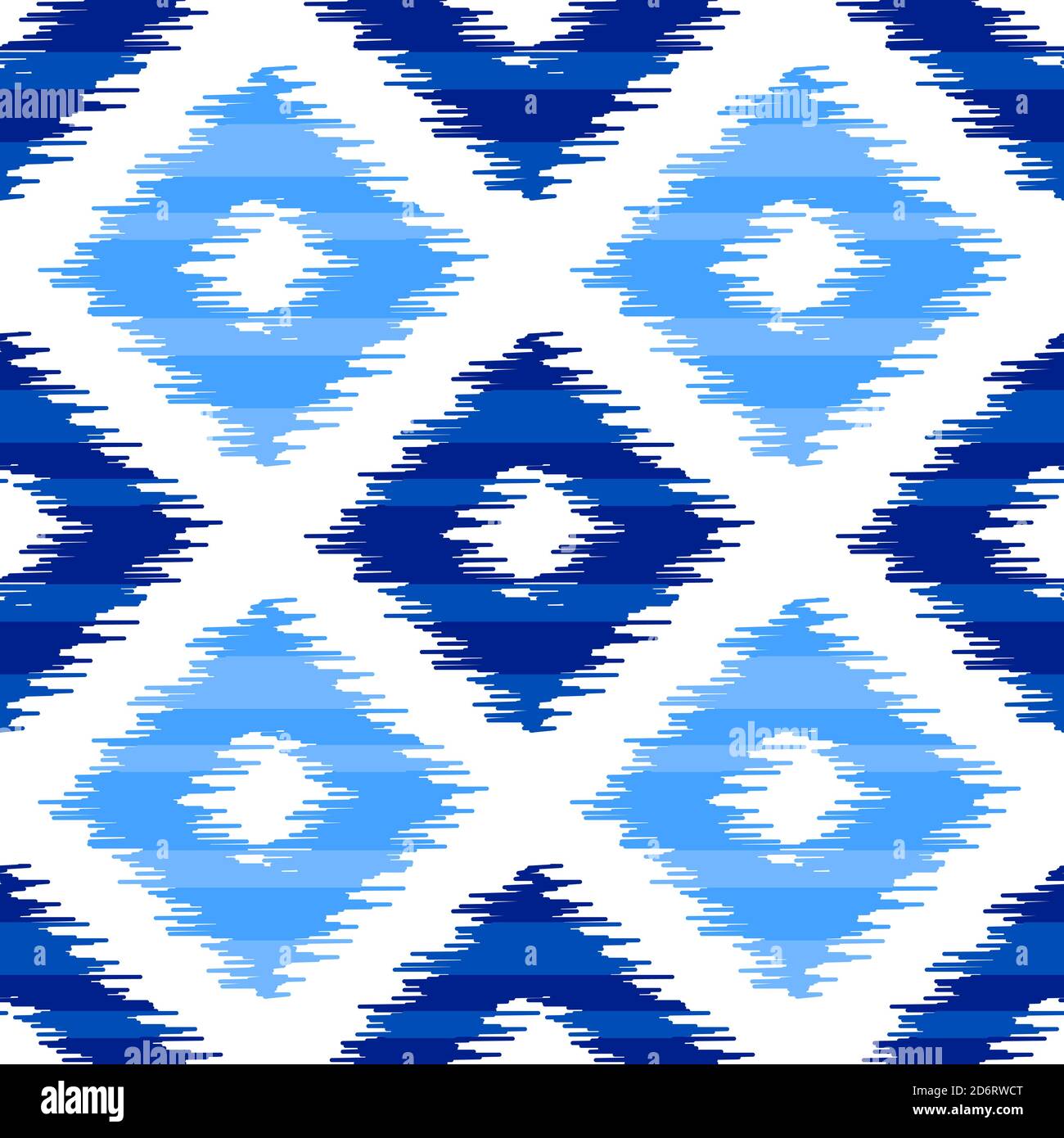 Uzbek ikat silk fabric pattern, indigo blue and white colors. Seamless geometric pattern, based on ikkat fabric style. Vector illustration. Carpet rug Stock Vector