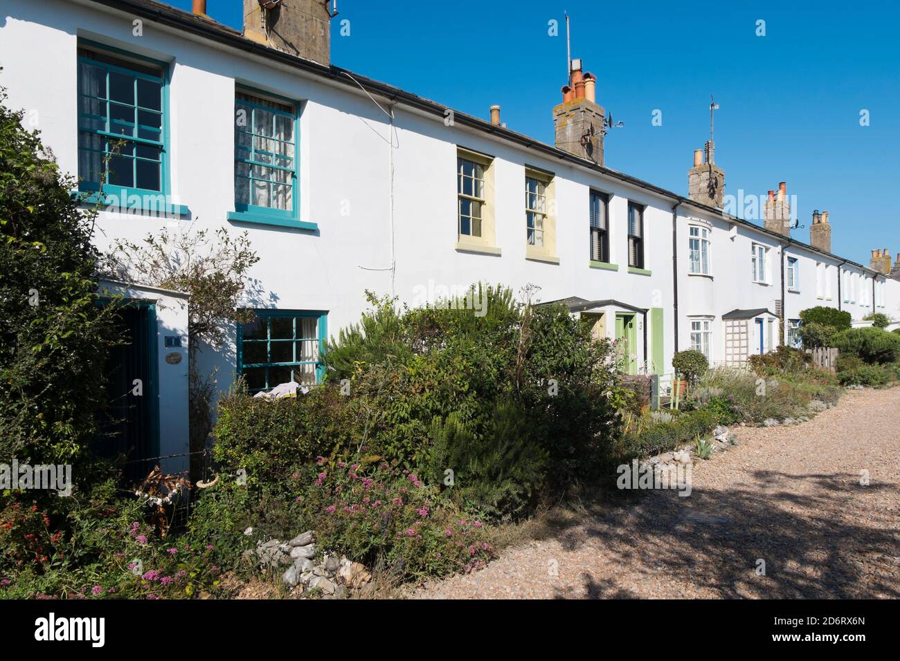 A terrace of white cottages along South Street in Kingsdown, Deal, Kent, UK Stock Photo