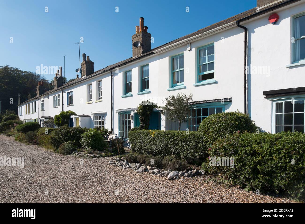 A terrace of white cottages along South Street in Kingsdown, Deal, Kent, UK Stock Photo