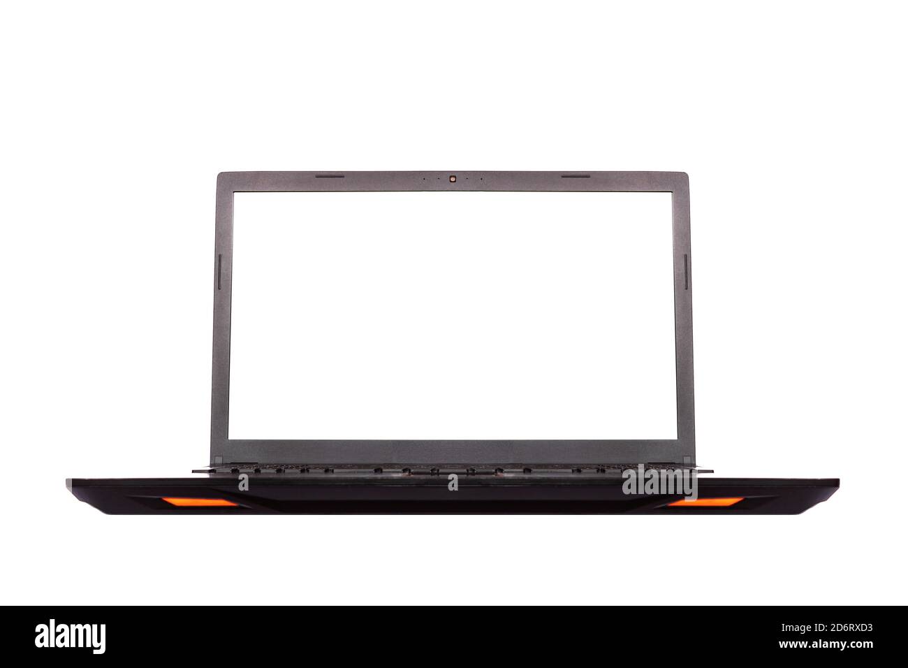 Black laptop with screen in 90 degree isolated on white background. Notebook with empty screen. blank copy space on modern mobile computer. Stock Photo