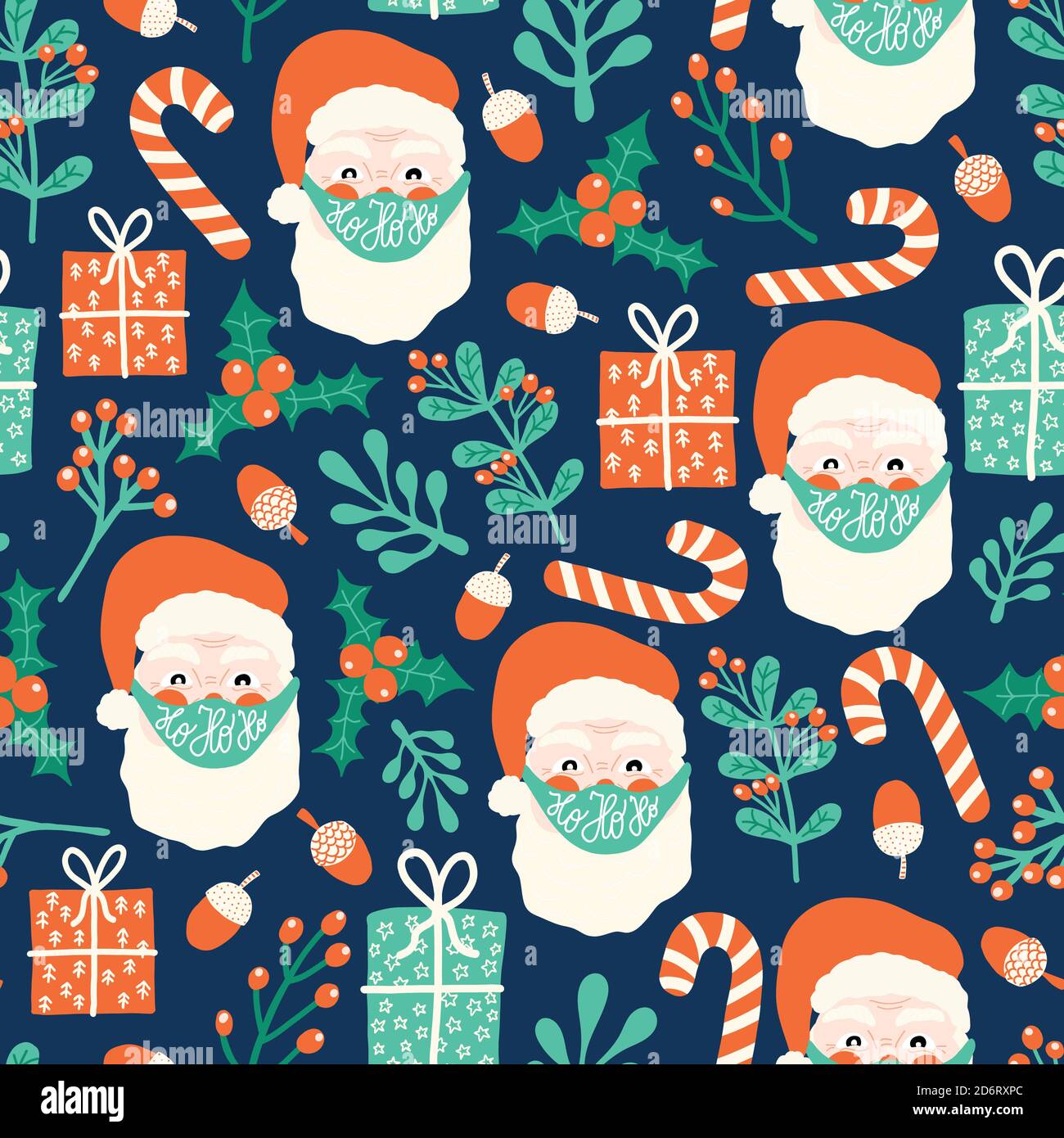 Coronavirus Christmas seamless vector pattern. Santa Claus wearing a protective face mask against coronavirus background. Merry Christmas 2020 during Stock Vector